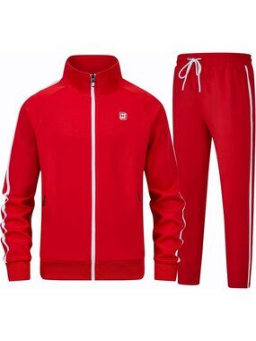 Men's 2 Piece Suit Red Slant Pocket Long Sleeve Full Zip Sweatsuit Athletic